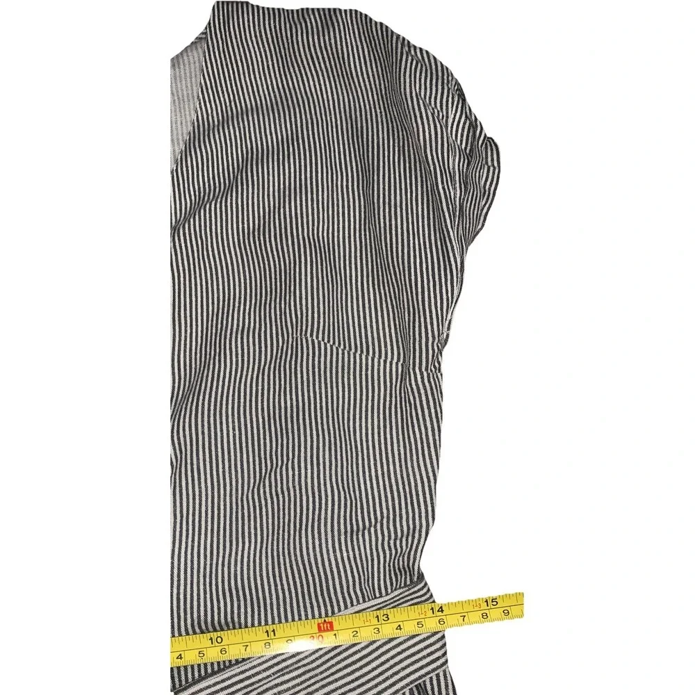 MANGO Striped Romper S/4 Linen Blend Button‎ Gray White Belted V Neck Cap Sleeve